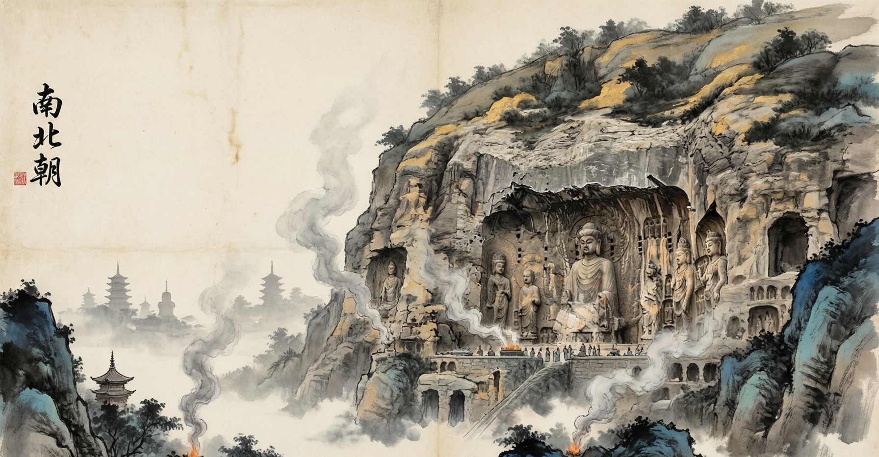 Misty river dividing a northern plain of horsemen from a southern landscape of scholars and temples, evoking the Northern and Southern Dynasties, in traditional Chinese ink painting style