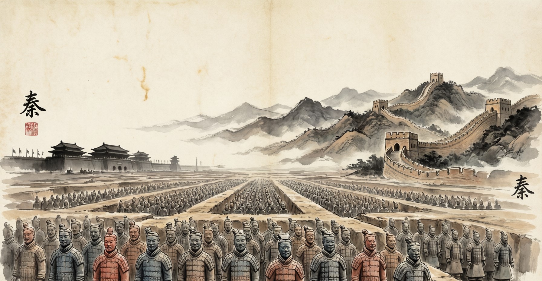 Terracotta warriors in formation before the Great Wall and an imperial palace, evoking the Qin Dynasty, in traditional Chinese ink painting style