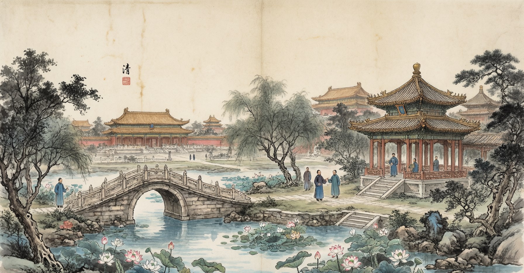An imperial garden pavilion by a lotus pond, evoking the Qing Dynasty, in traditional Chinese ink painting style