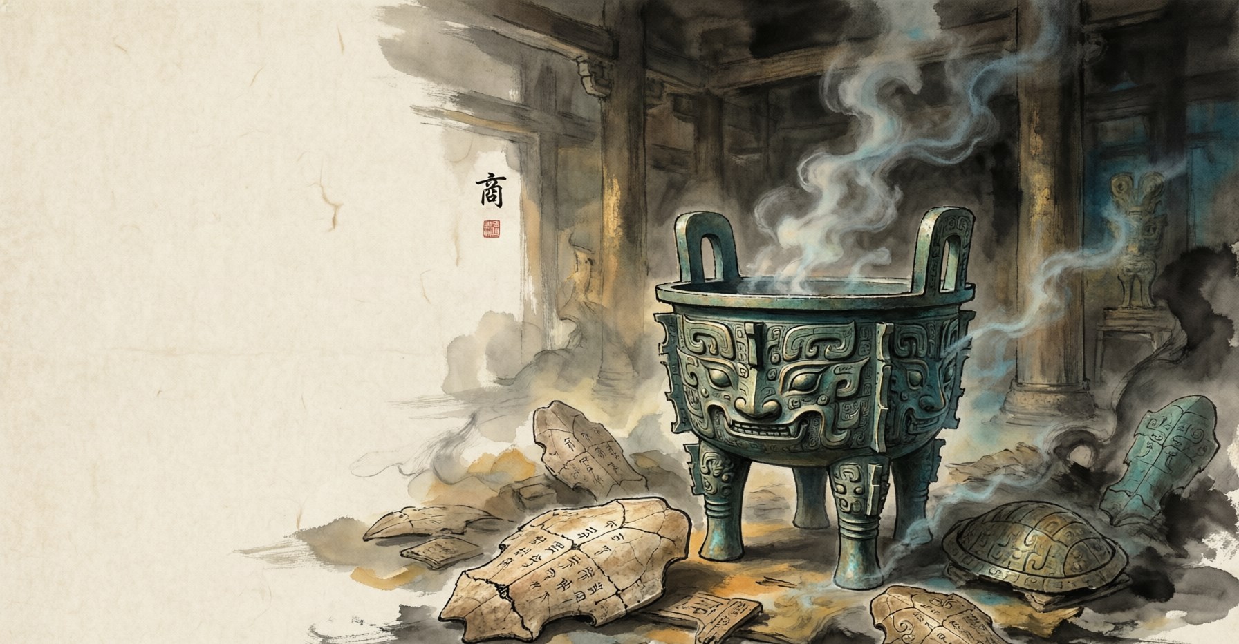 Shang bronze ritual ding vessels and inscribed oracle bones arranged before a palace, evoking the Shang Dynasty, in traditional Chinese ink painting style