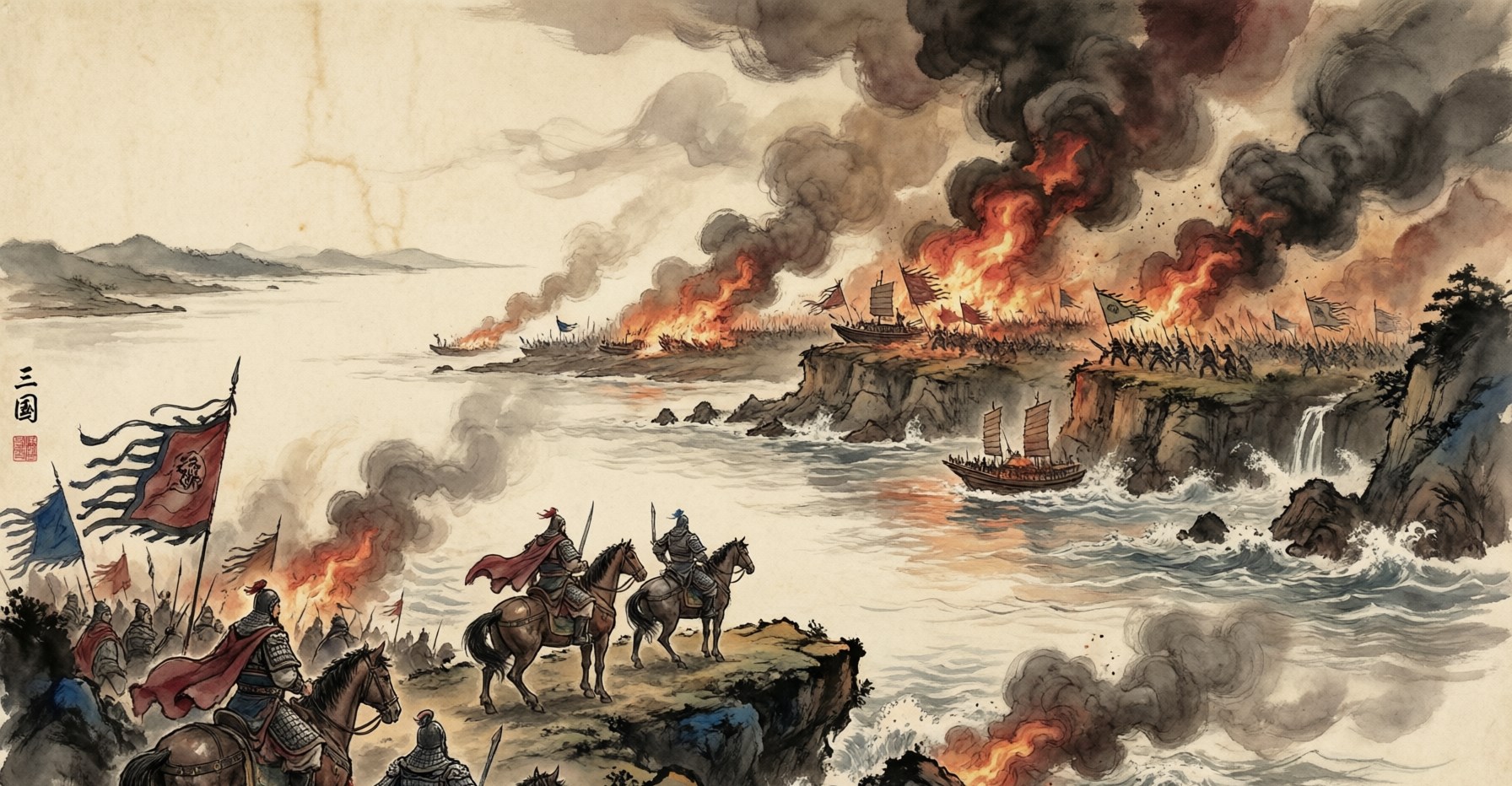War banners and burning ships on a great river before towering cliffs, evoking the Battle of Red Cliffs and the Three Kingdoms era, in traditional Chinese ink painting style
