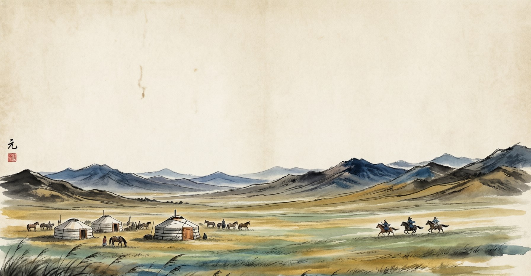 Mongol horsemen and a grand Yuan palace at Dadu with caravans of the Silk Road in the distance, in traditional Chinese ink painting style