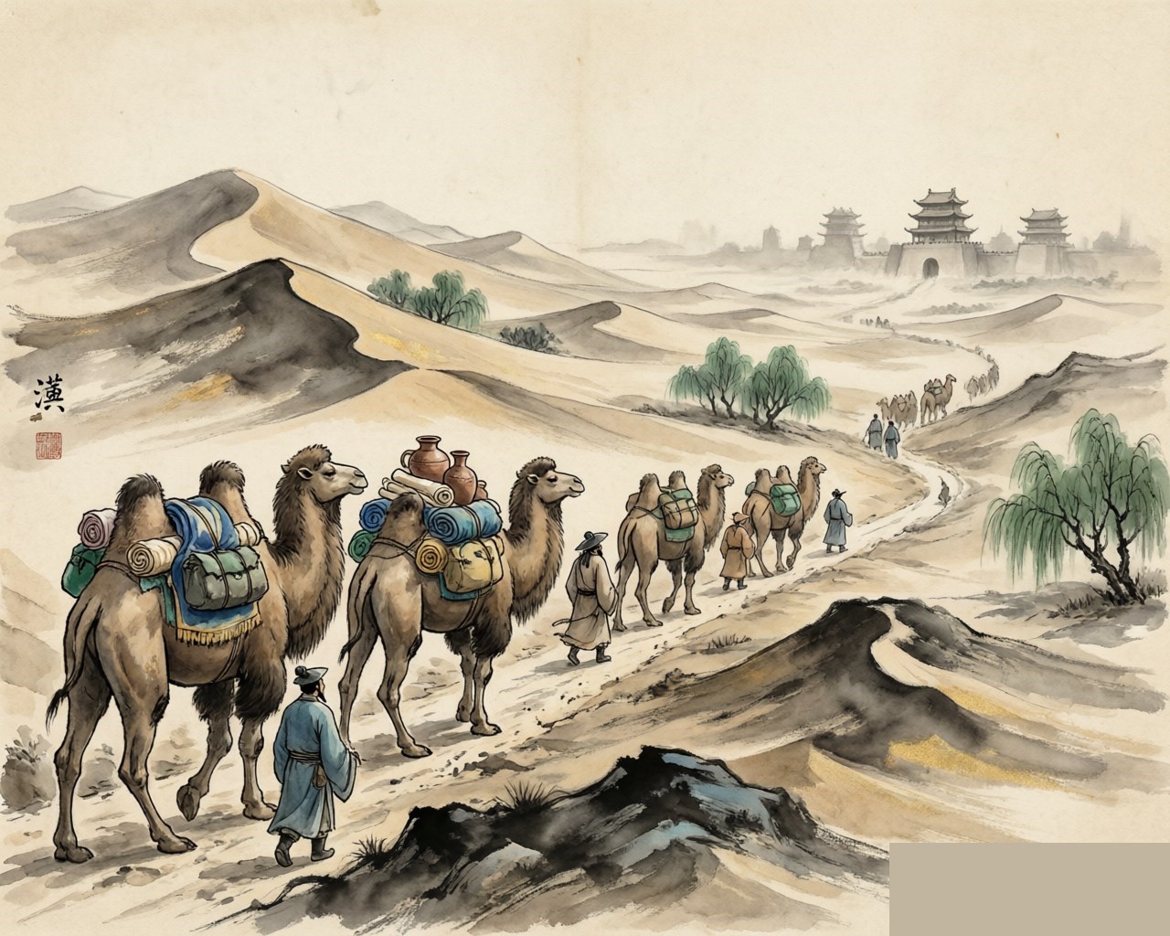 Ink-wash evocation of the Han Dynasty: a Silk Road camel caravan