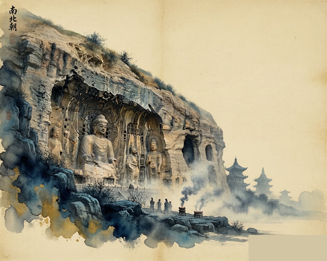 Ink-wash evocation of the Northern and Southern Dynasties: Buddhist cave temple statues
