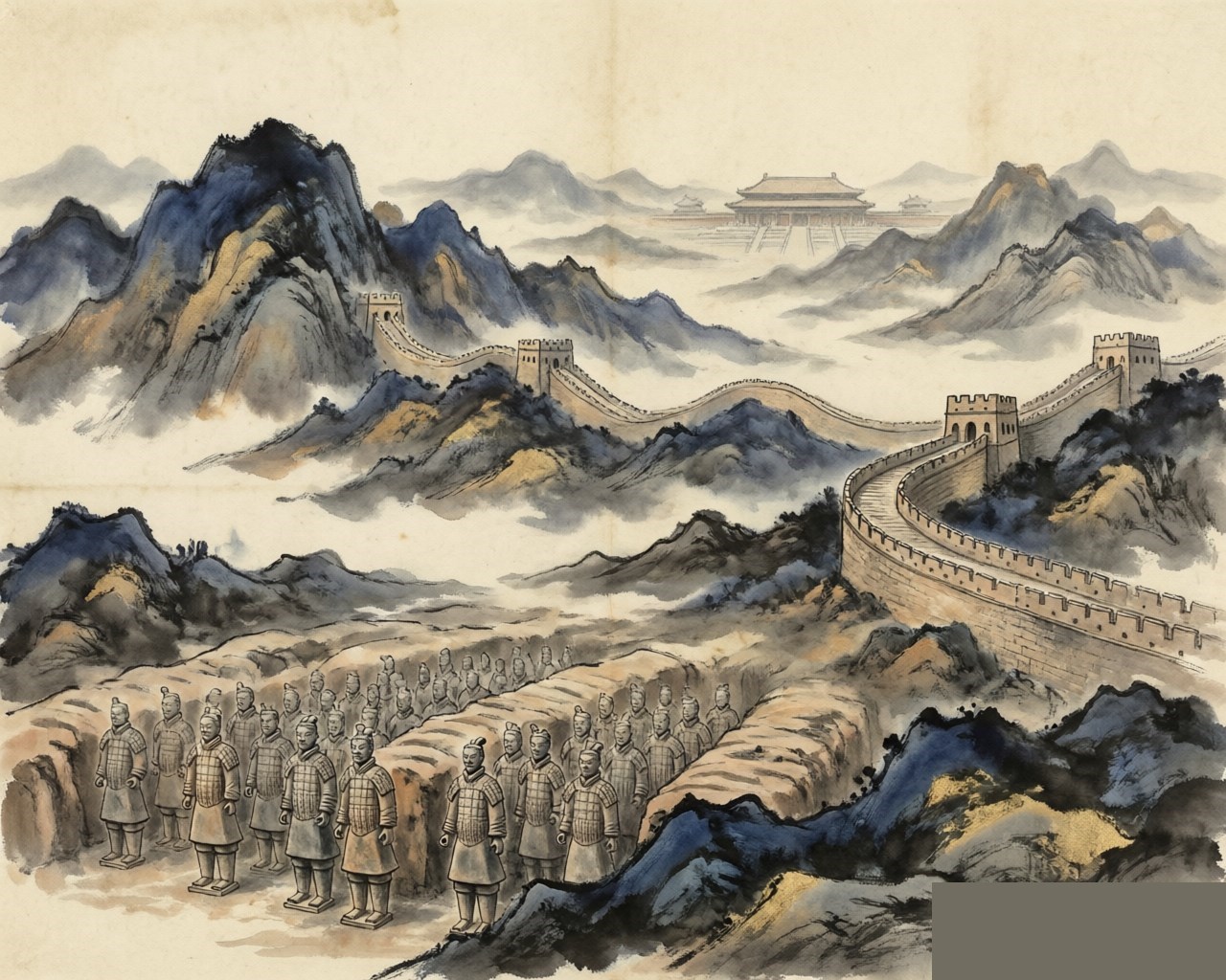 Ink-wash evocation of the Qin Dynasty: terracotta warriors and the Great Wall