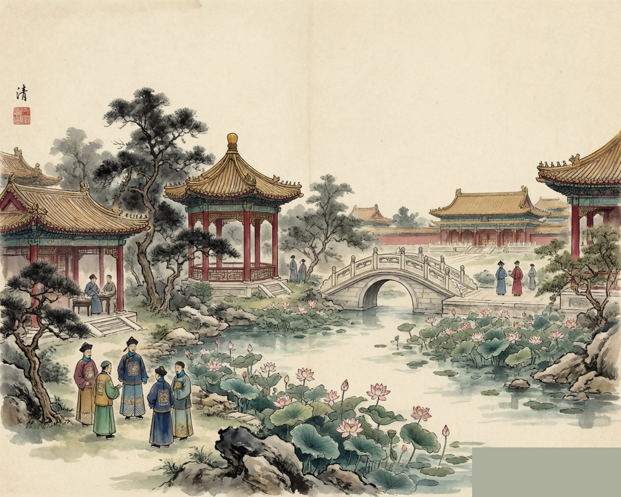 Ink-wash evocation of the Qing Dynasty: an imperial garden pavilion by a lotus pond