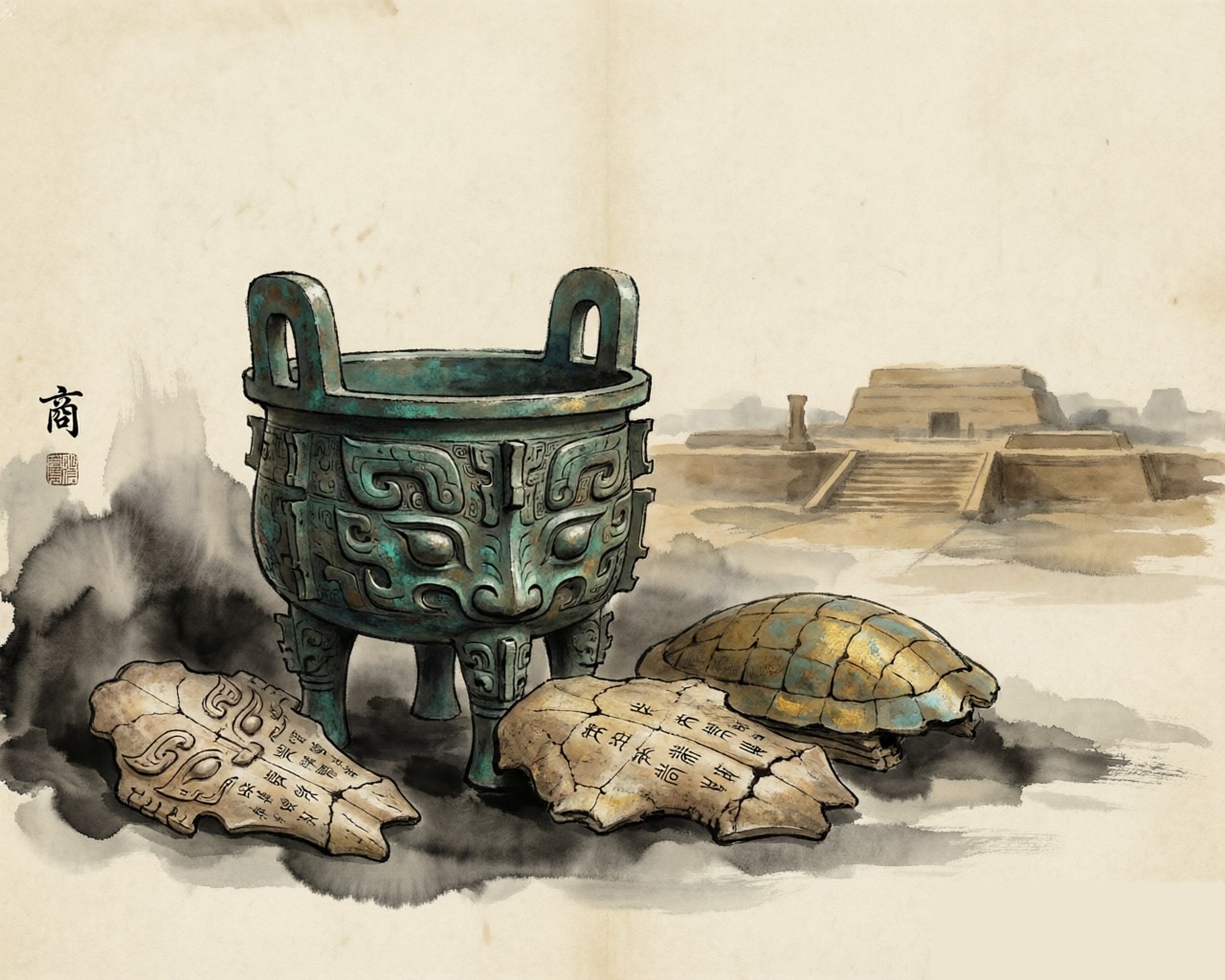 Ink-wash evocation of the Shang Dynasty: bronze ritual vessels and oracle bones