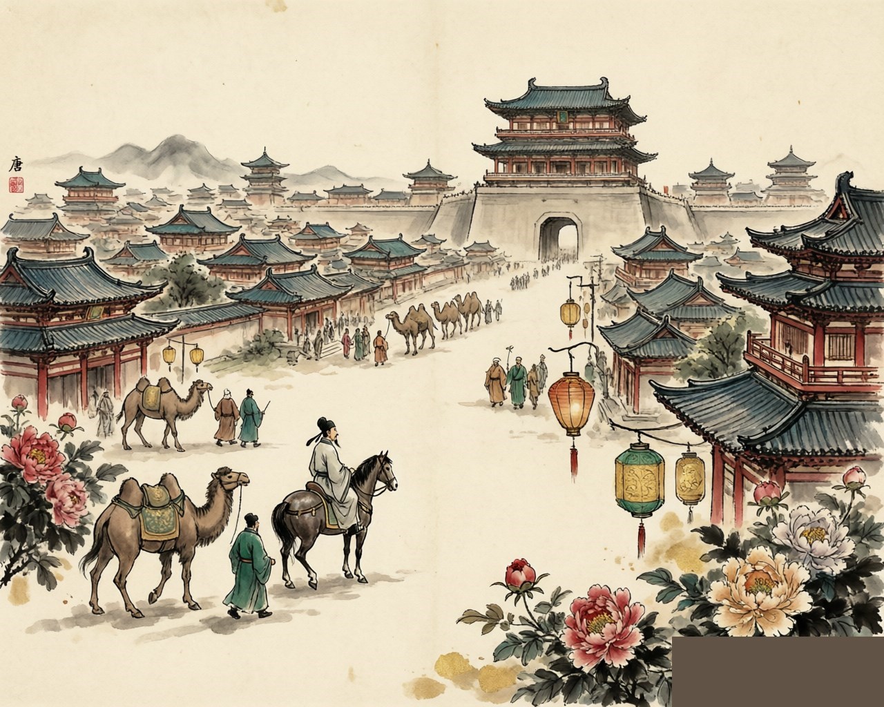 Ink-wash evocation of the Tang Dynasty: a cosmopolitan capital with camels and peonies