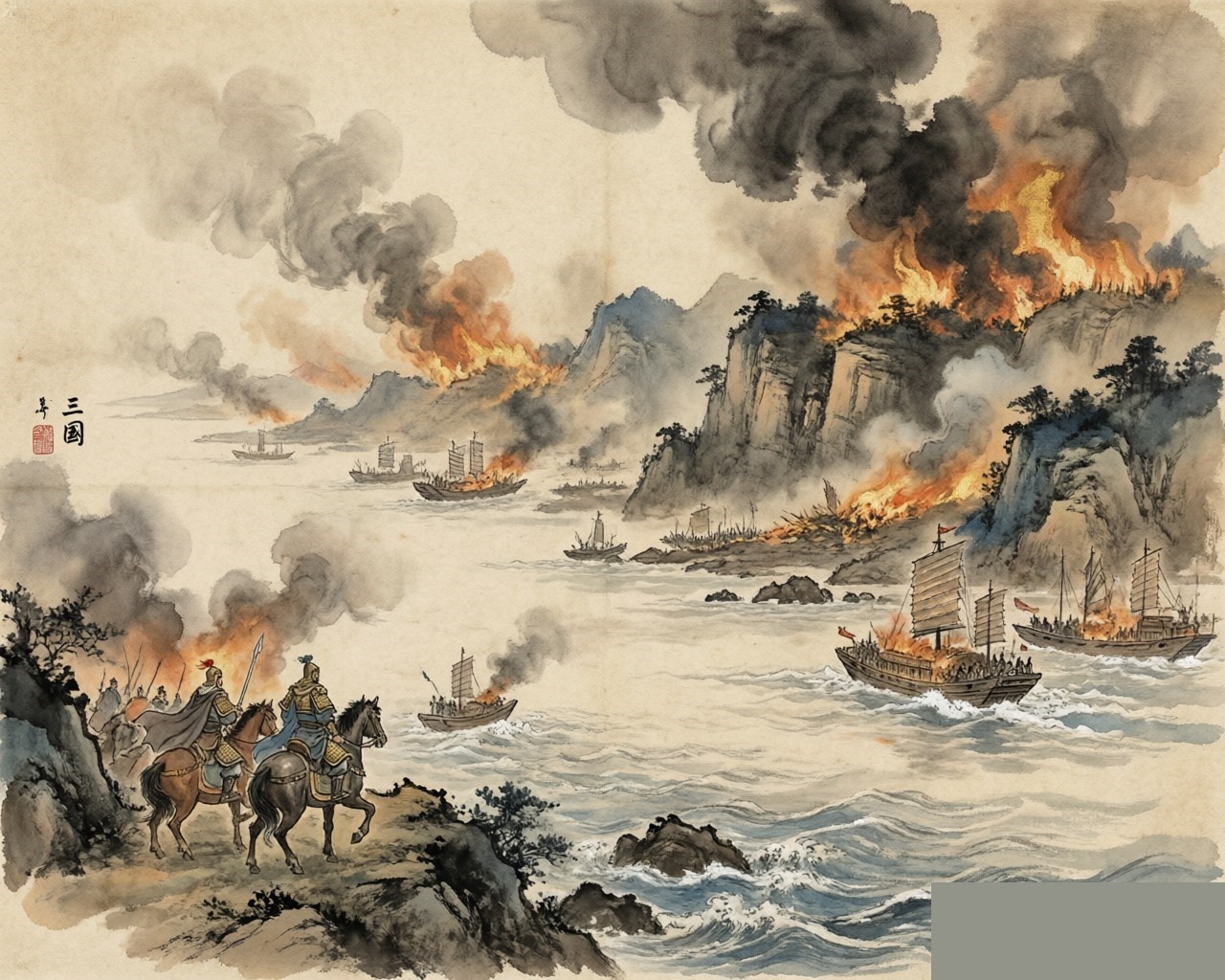 Ink-wash evocation of the Three Kingdoms: rival banners over a river battlefield