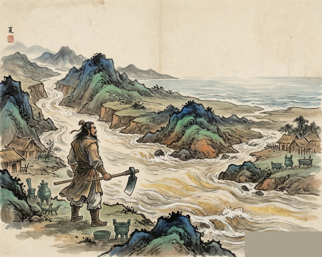 Ink-wash evocation of the Xia Dynasty: Yu the Great taming the floodwaters
