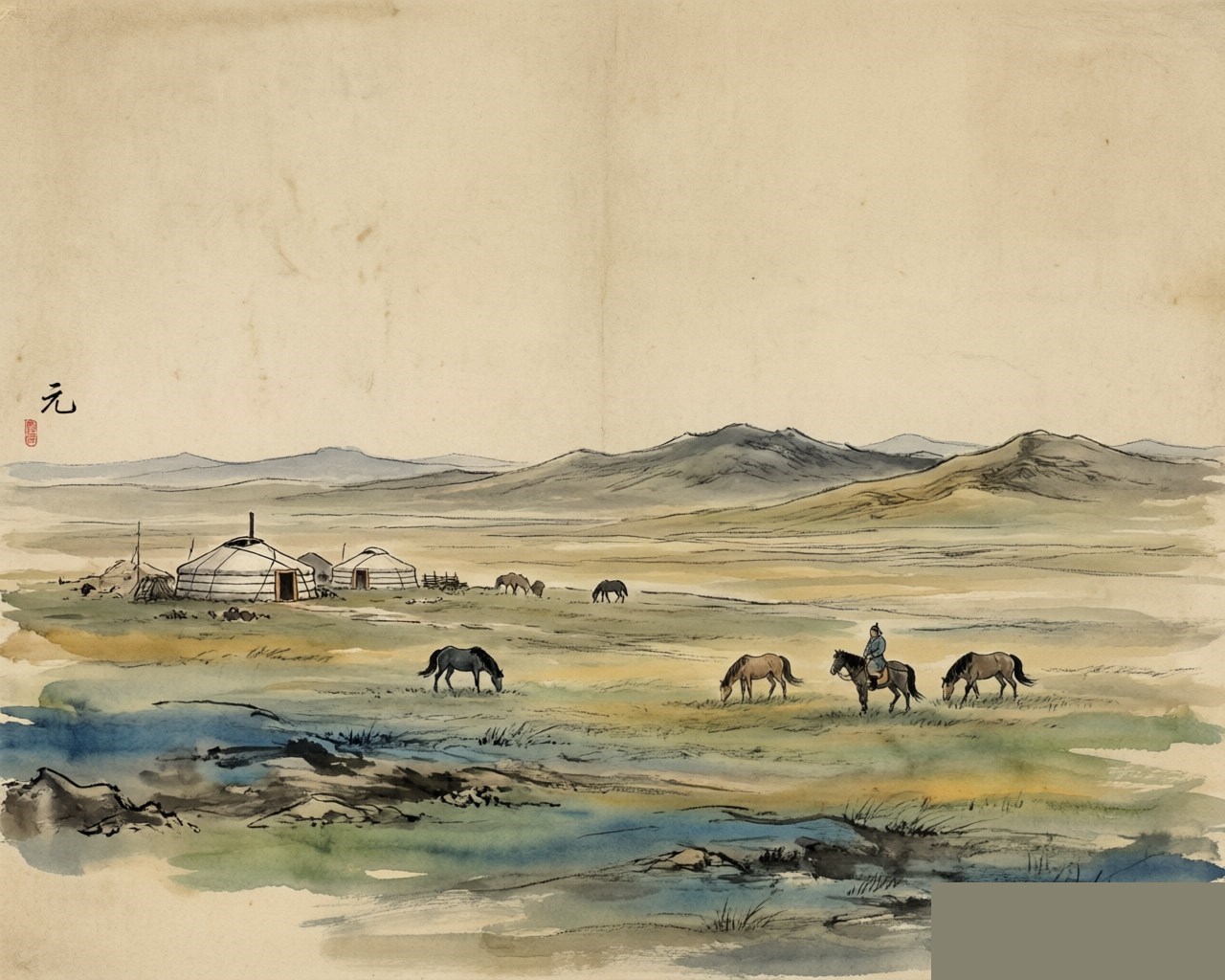 Ink-wash evocation of the Yuan Dynasty: horsemen and yurts on the open steppe