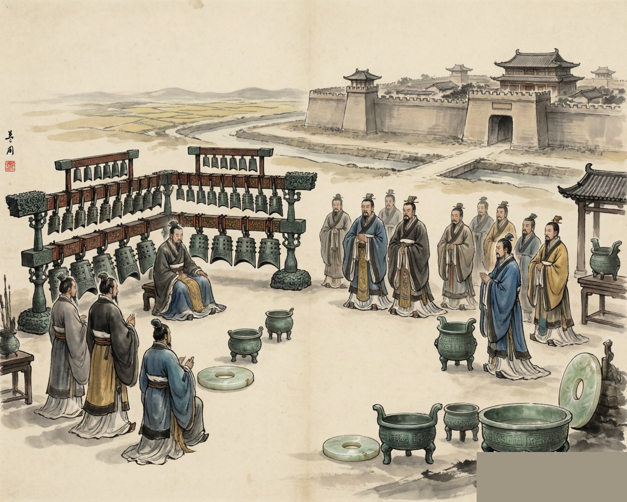 Ink-wash evocation of the Zhou Dynasty: ritual bells and the age of philosophy