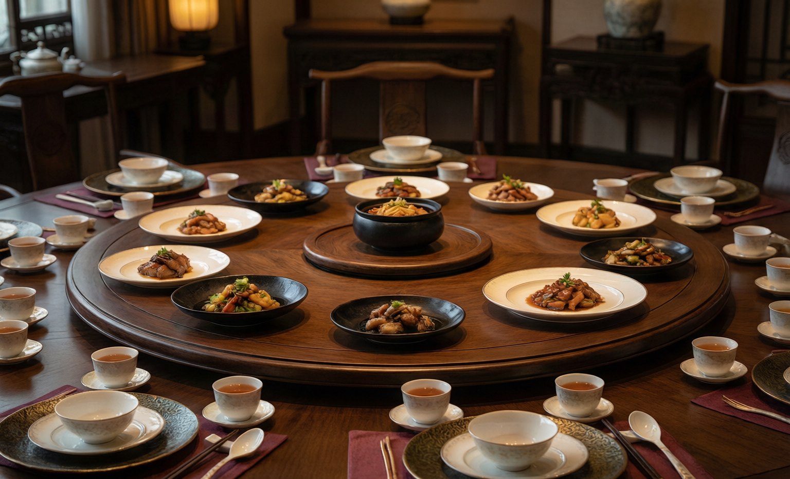A traditional Chinese round banquet table with a lazy susan, precisely arranged tea cups, and warm ambient lighting