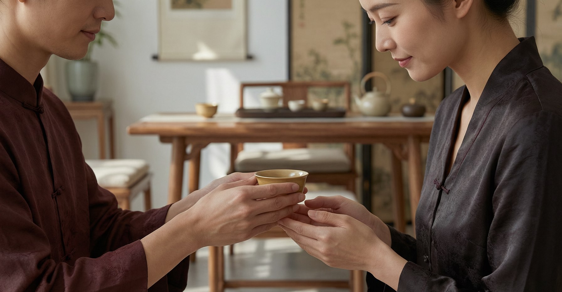Two people exchanging a respectful greeting, one offering a tea cup with both hands in a warmly lit Chinese interior