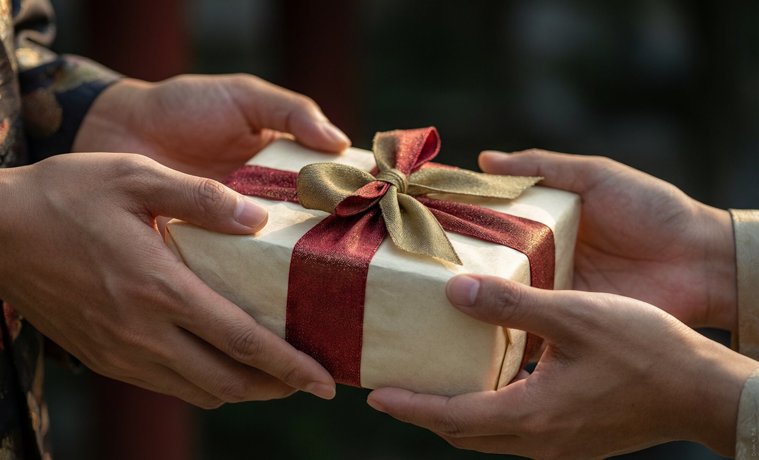 Two pairs of hands exchanging a beautifully wrapped gift with both hands as a gesture of respect