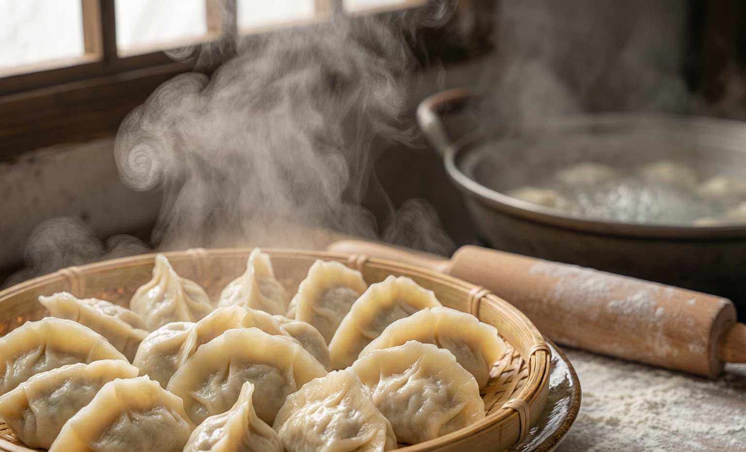 Steam rising from freshly boiled dumplings in a traditional northern Chinese kitchen