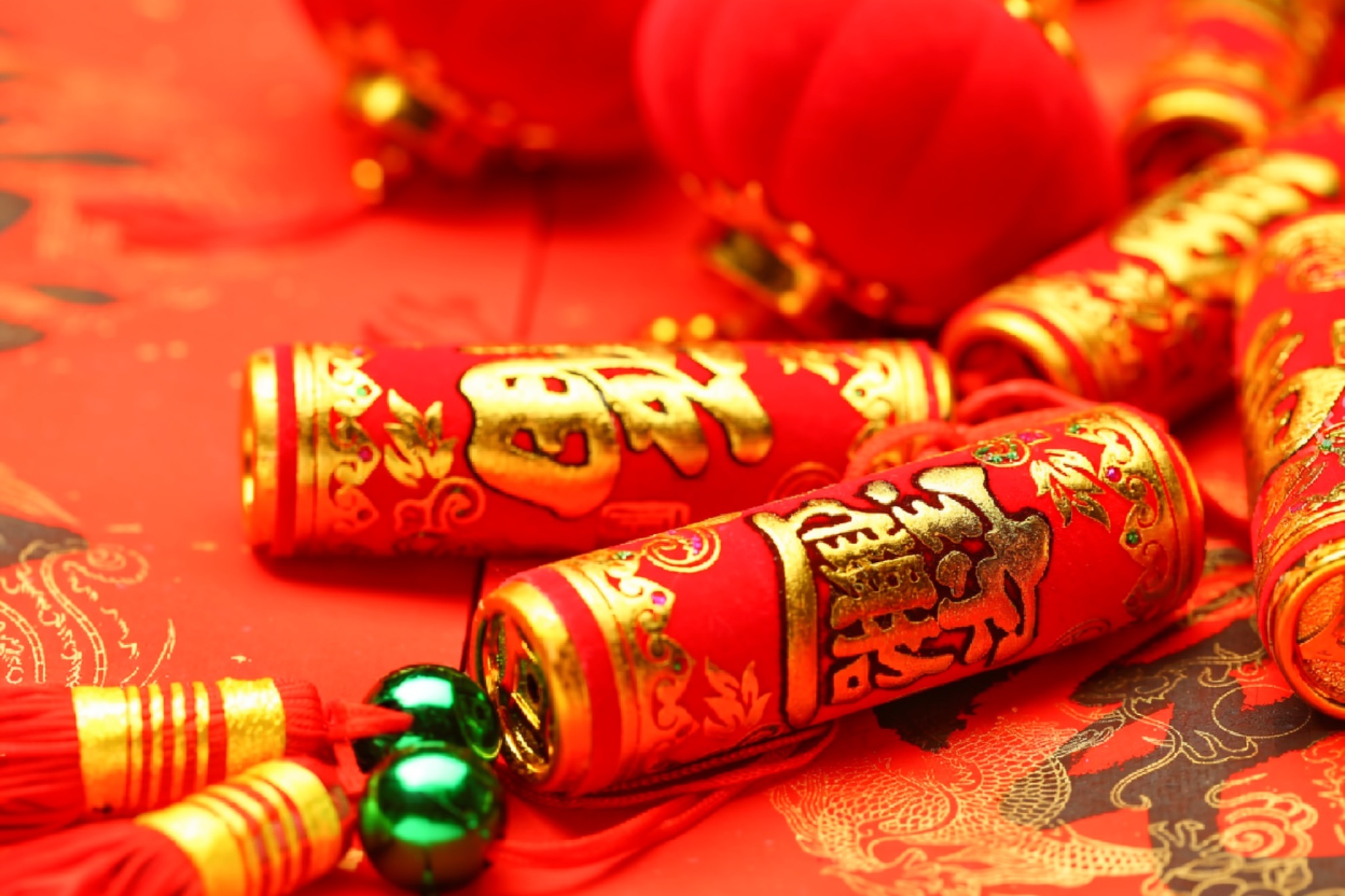Red lanterns and decorative firecrackers displayed during Chinese New Year celebrations