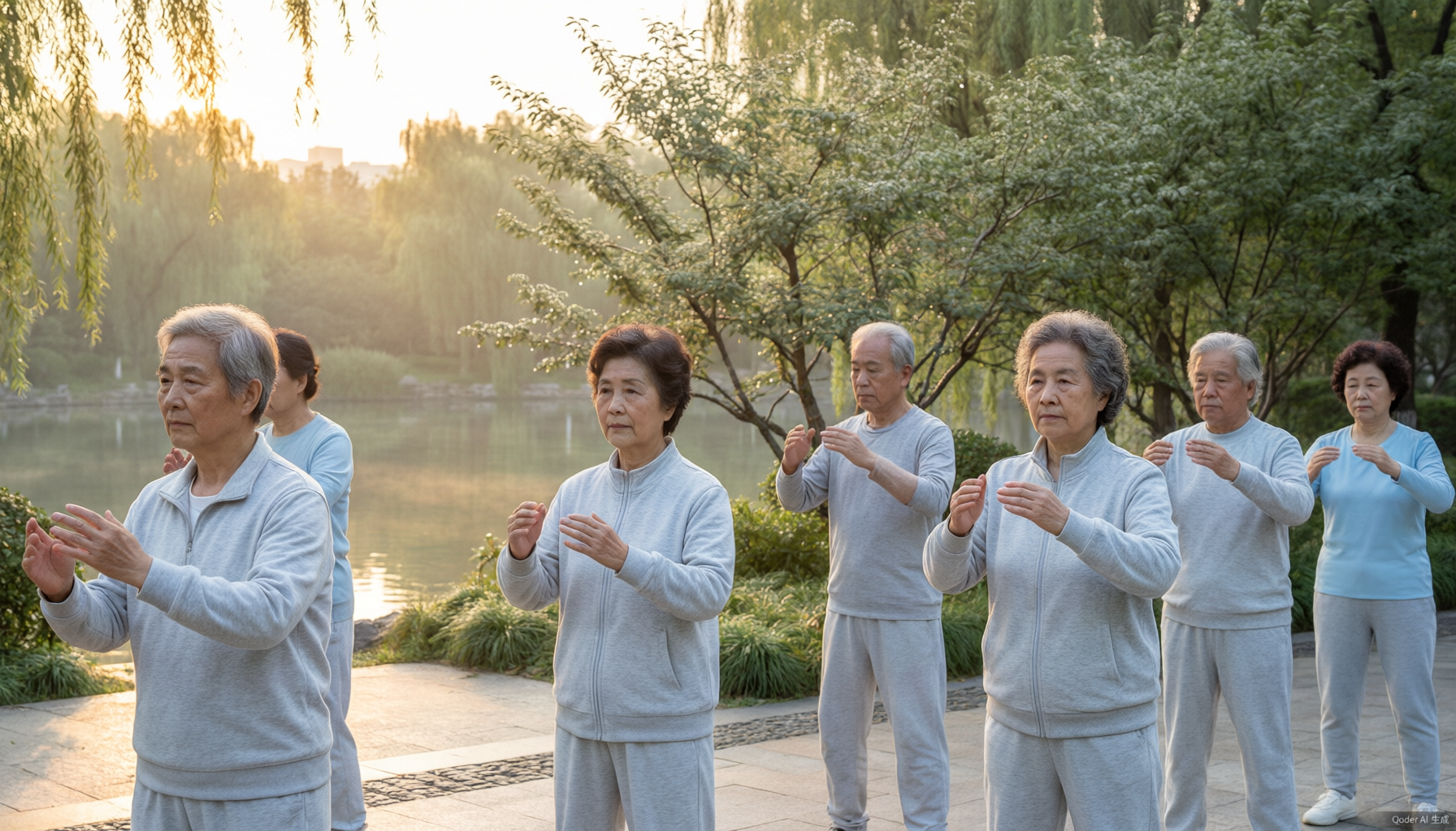 A group of people practicing qigong together in a Chinese city park at sunrise