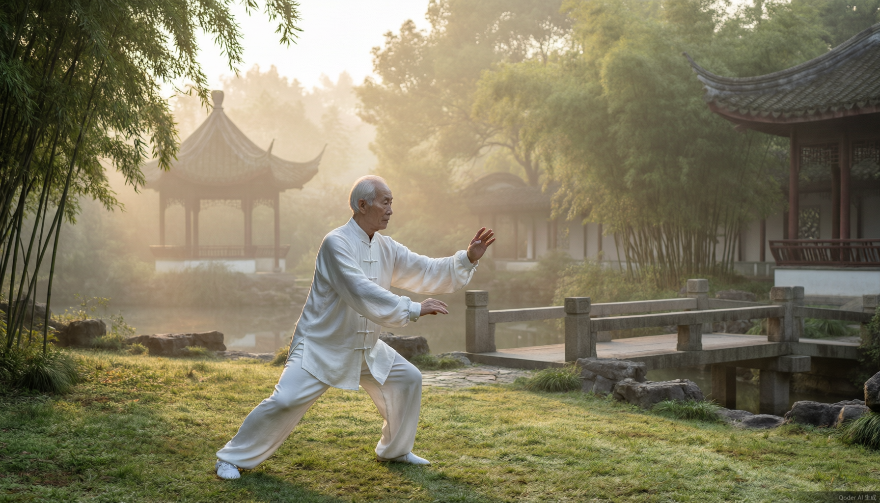 An elderly man practicing tai chi in a misty garden