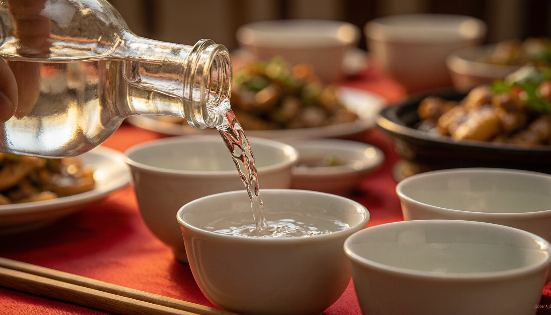 Baijiu being poured into small ceramic cups at a traditional Chinese banquet