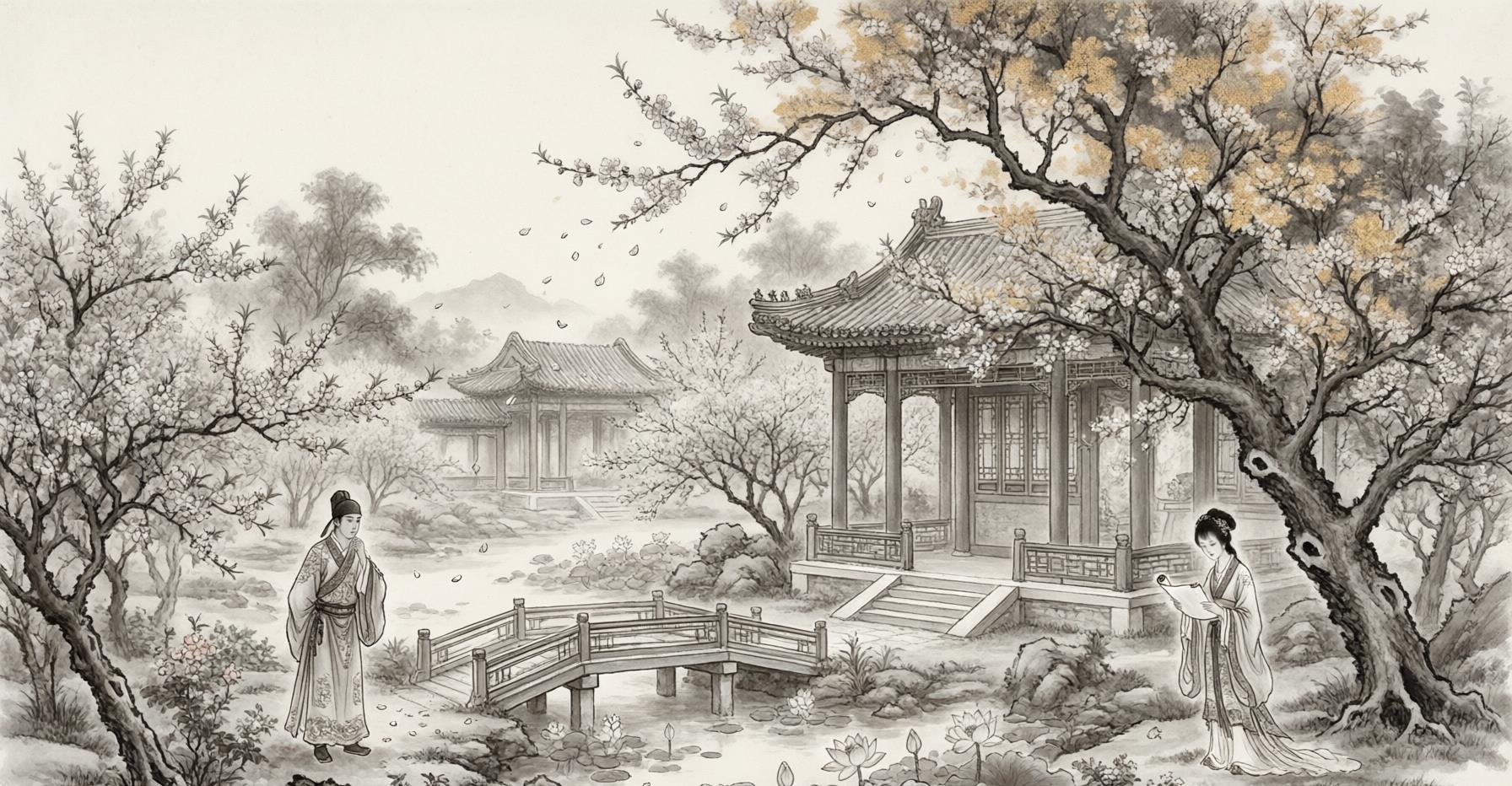 A lush traditional Chinese garden with pavilions, blossoming plum trees, and young women in Qing dynasty dress walking along a covered corridor