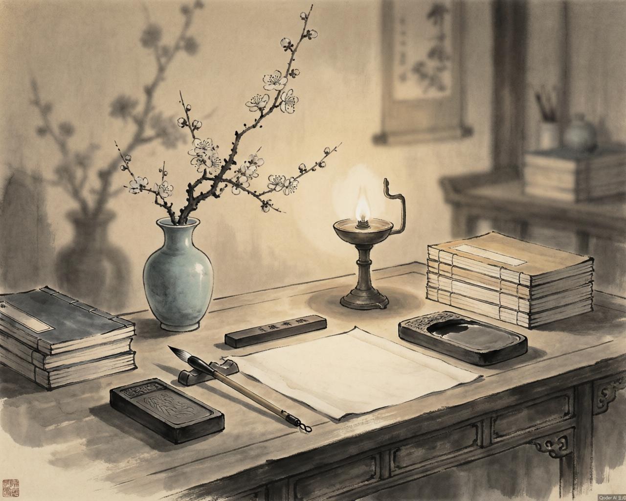 Classical Chinese books and a writing brush on a scholar's desk