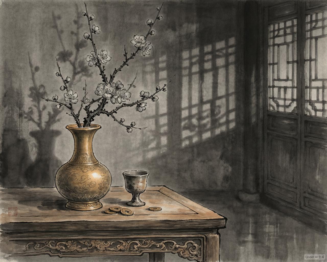 An interior courtyard with plum blossoms evoking Jin Ping Mei