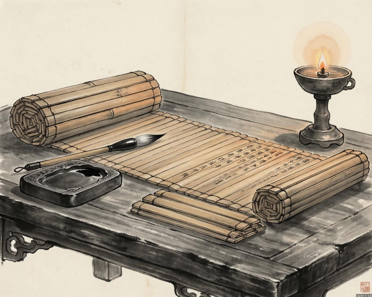 Bamboo scrolls and a scholar's lamp evoking Sima Qian's history