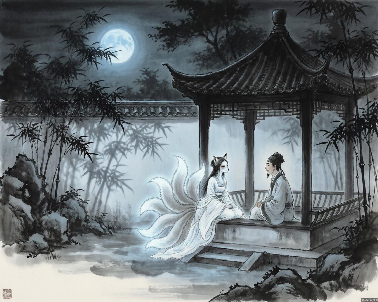A fox spirit by moonlight evoking Strange Tales