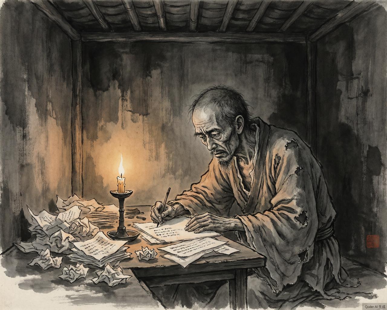 A scholar hunched over examination papers evoking The Scholars