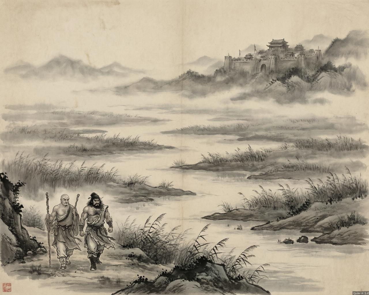 Marshland with outlaws gathering evoking Water Margin