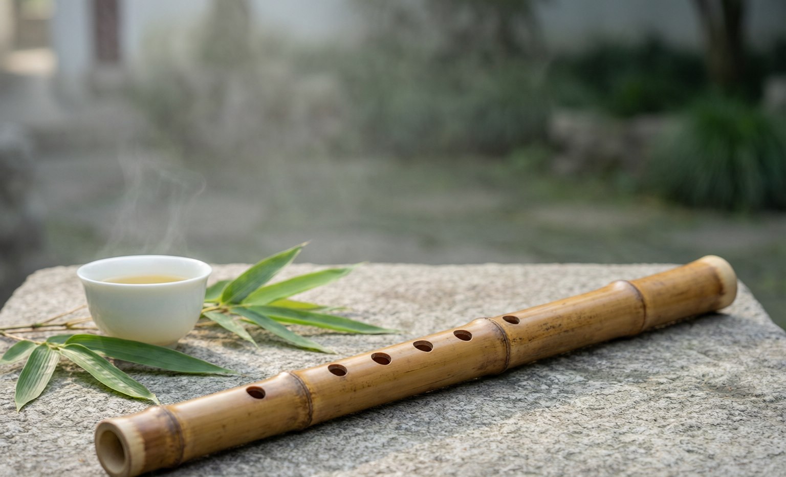 A bamboo dizi transverse flute with a membrane hole