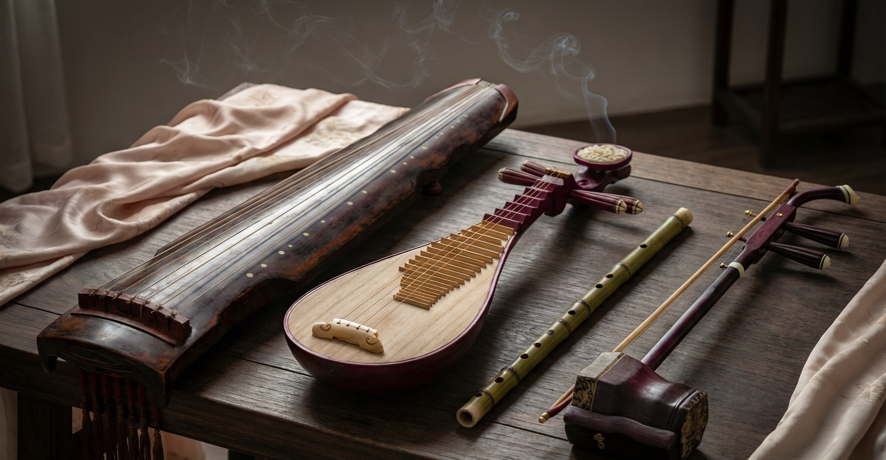 Traditional Chinese instruments — guqin, pipa, dizi and erhu — arranged on a wooden table
