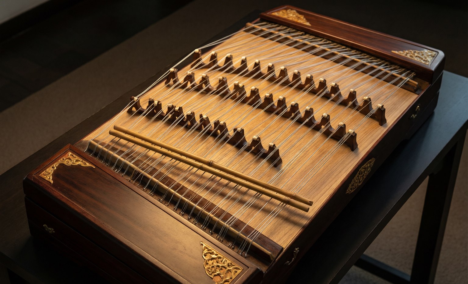 A trapezoidal yangqin hammered dulcimer with bamboo hammers