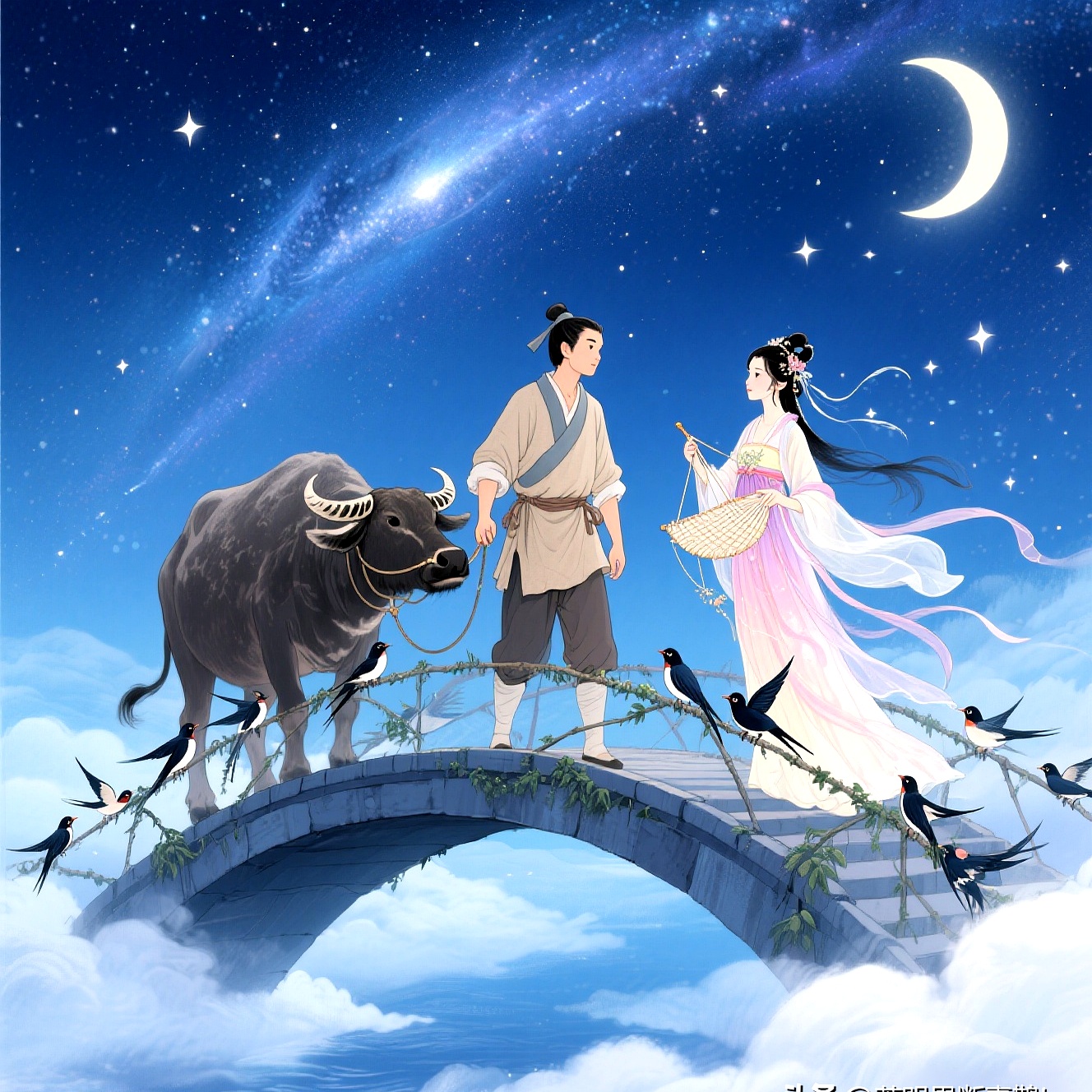 The Cowherd and Weaver Girl meeting on a bridge of magpies