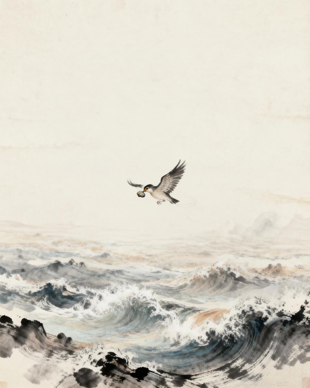 Jingwei in flight between Fajiu Mountain and the Eastern Sea, carrying a small pebble in her beak, traditional Chinese painting style