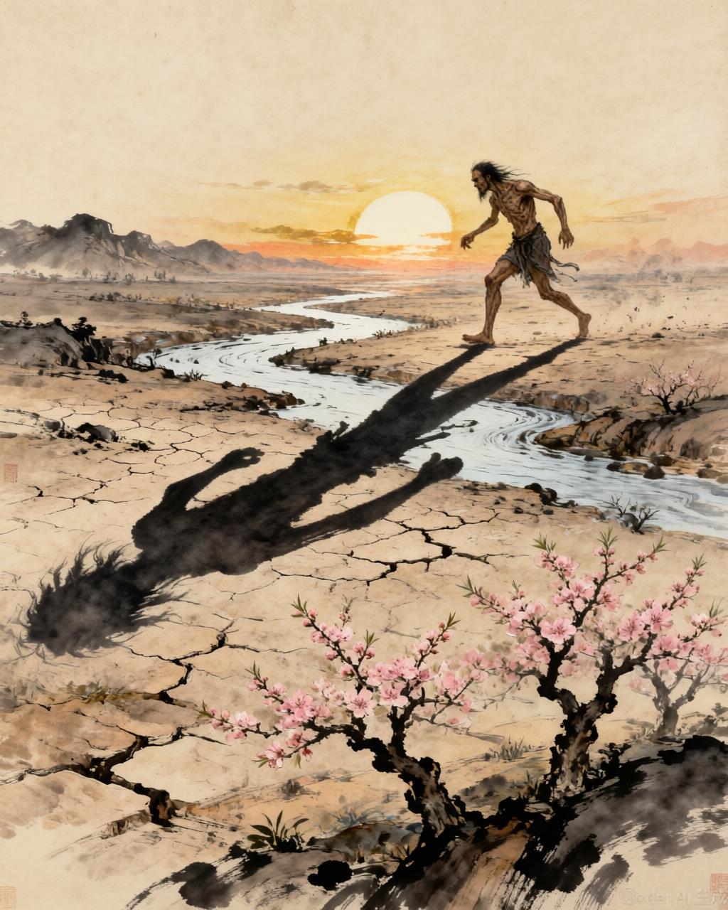 Kuafu kneeling between the Yellow River and the Wei River, drinking both rivers dry as steam rises from his parched throat, Chinese mythological illustration