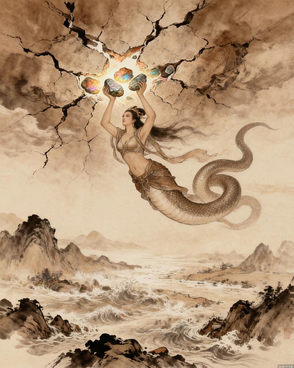 Nüwa rising above the broken sky carrying five-colored stones to mend the heavens, with fire and flood raging below