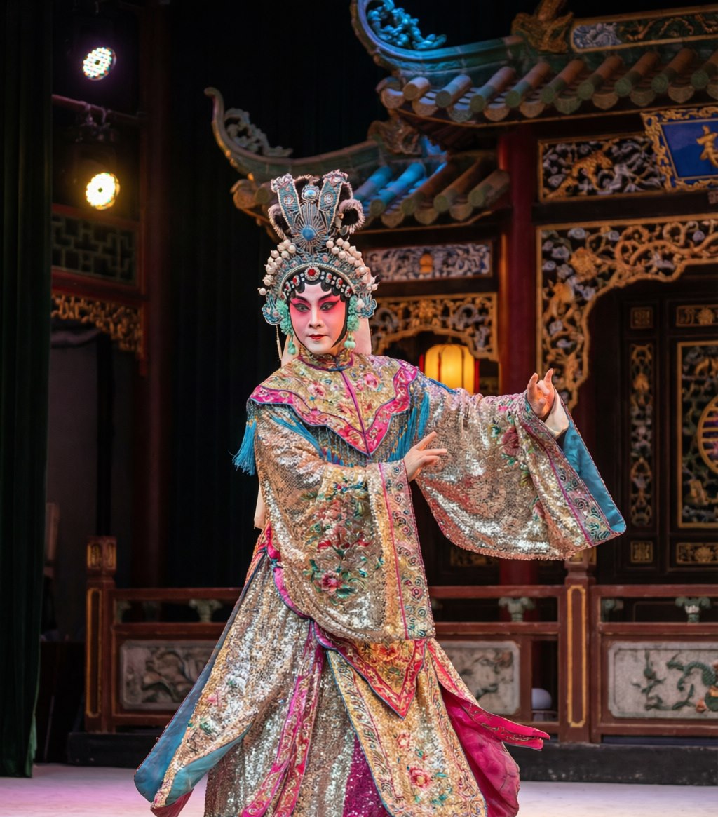 A Cantonese Opera performer in dazzling embroidered costume