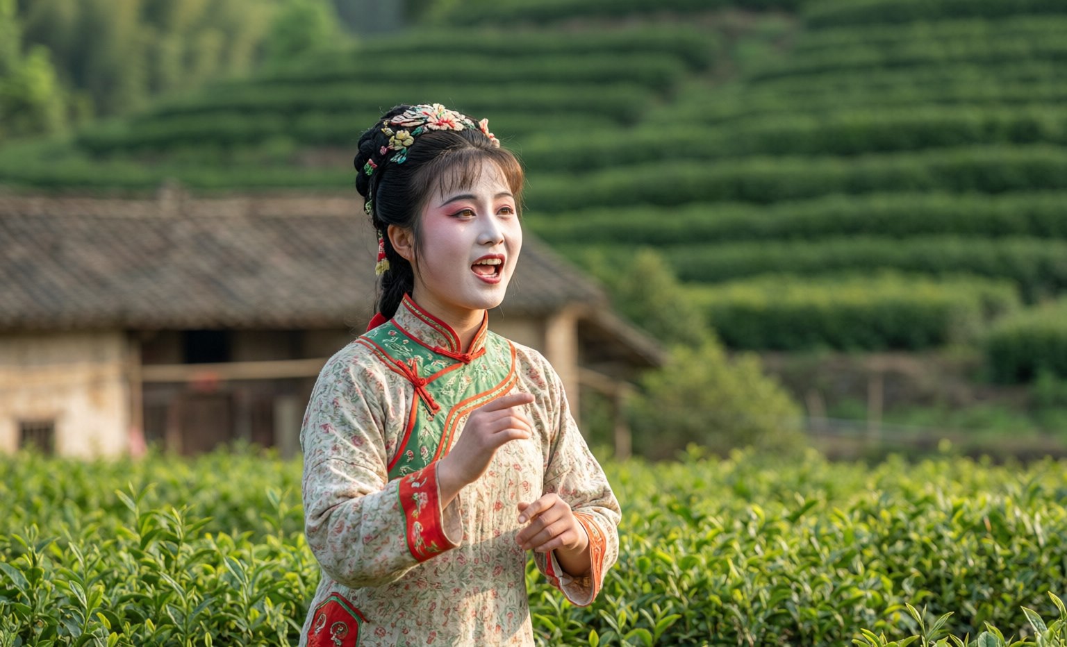 A Huangmei Opera performer in bright folk costume