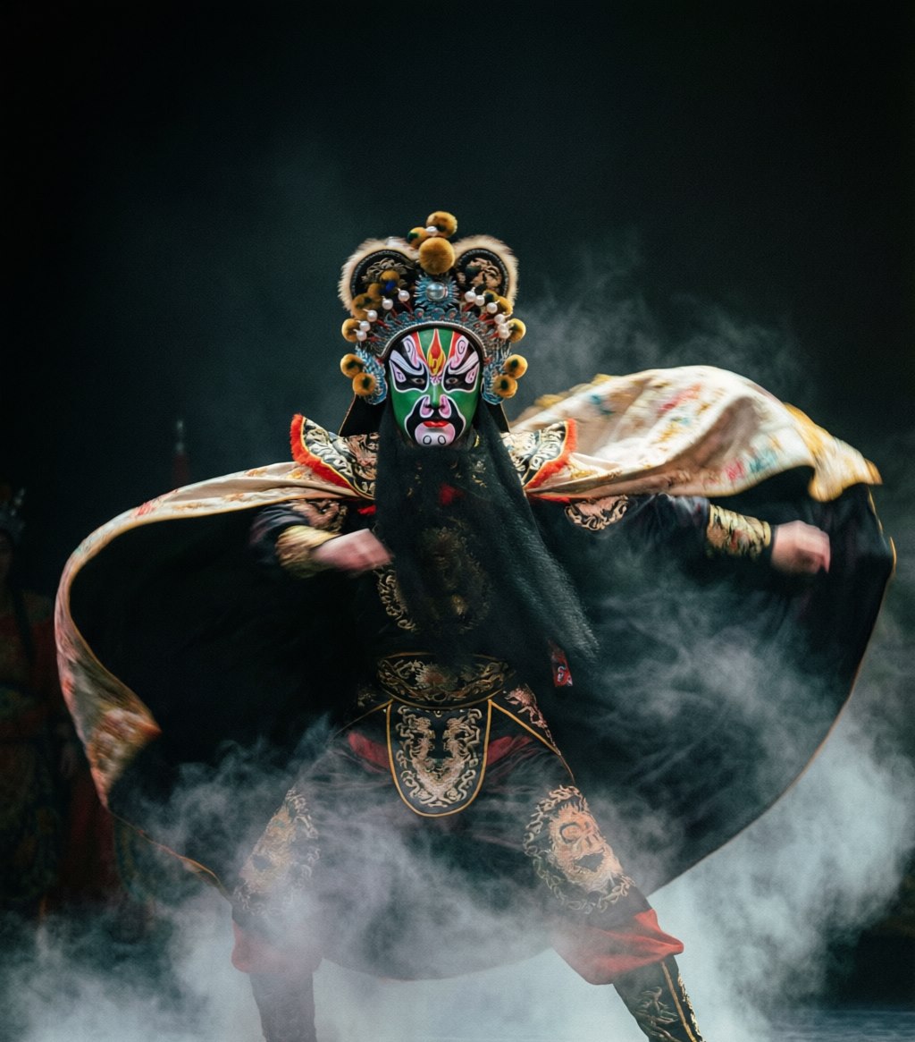 A Sichuan Opera performer mid face-change