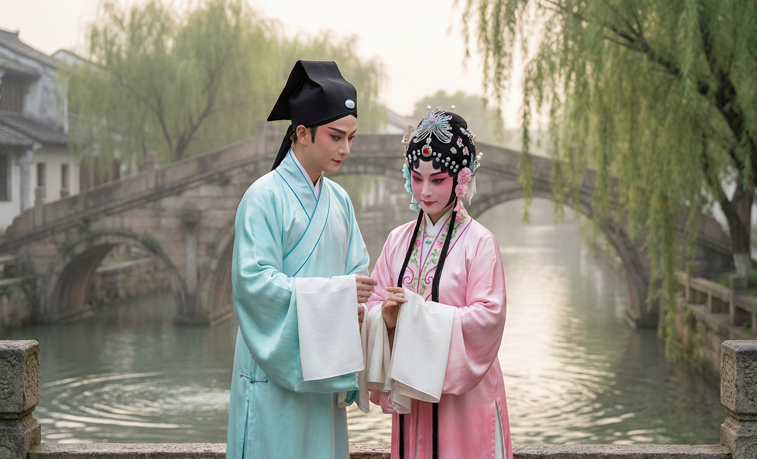 A Yue Opera actress in soft, romantic costume