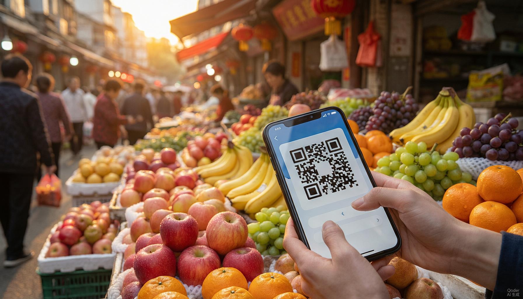Close-up of a smartphone scanning a QR code payment at a Chinese street food stall