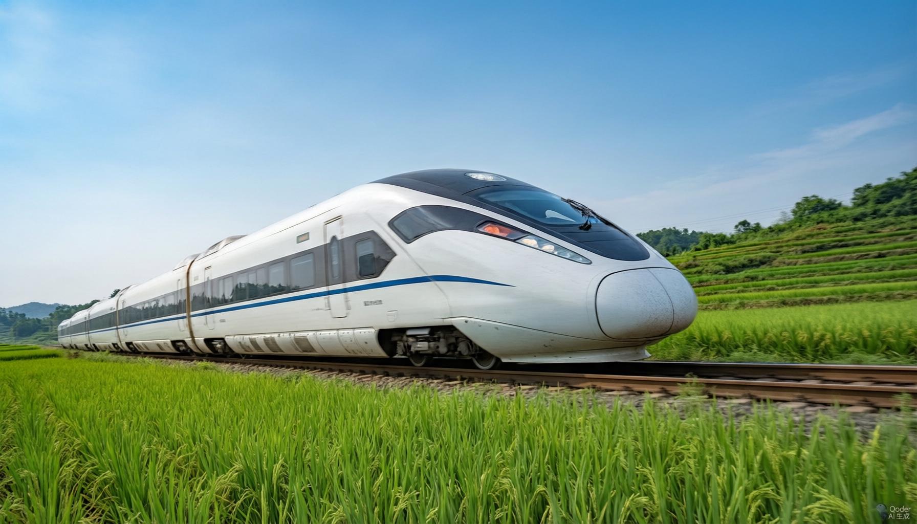 A sleek white high-speed bullet train departing a modern Chinese railway station at dusk