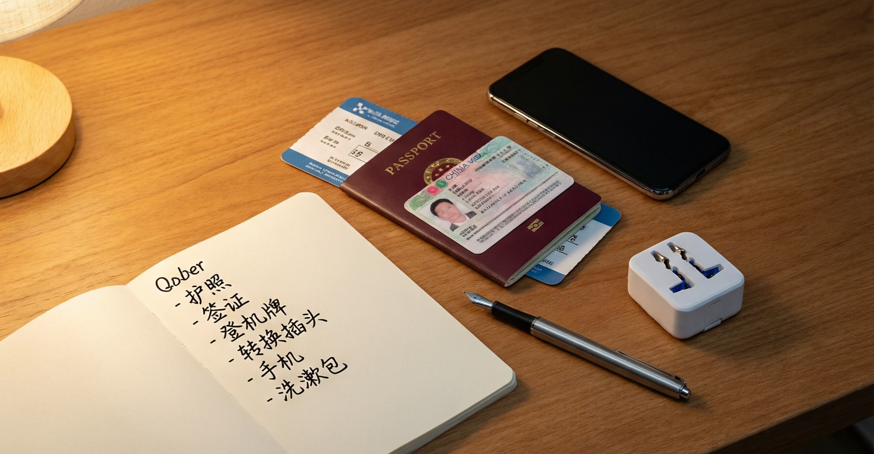 Travel essentials on a wooden desk beside a handwritten checklist: passport, visa, boarding pass, phone and power adapter