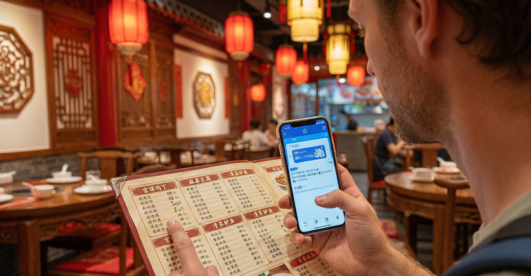 A traveler using a phone translation app over a Chinese restaurant menu, red lanterns in a local eatery